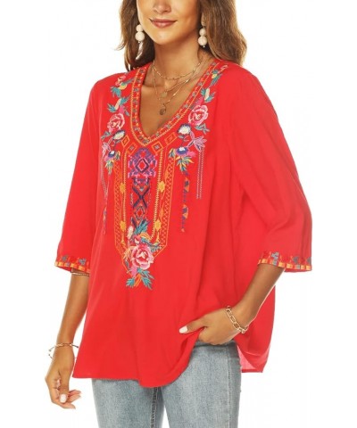 Women's Summer Boho Embroidery Mexican Bohemian Tops V Neck 3/4 Sleeve Causal Loose Shirt Blouse Tunic Red $22.14 Tops