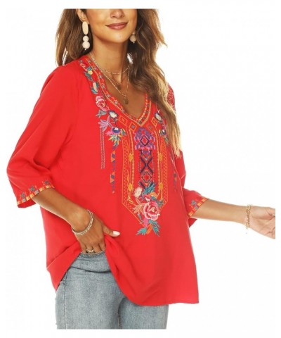 Women's Summer Boho Embroidery Mexican Bohemian Tops V Neck 3/4 Sleeve Causal Loose Shirt Blouse Tunic Red $22.14 Tops