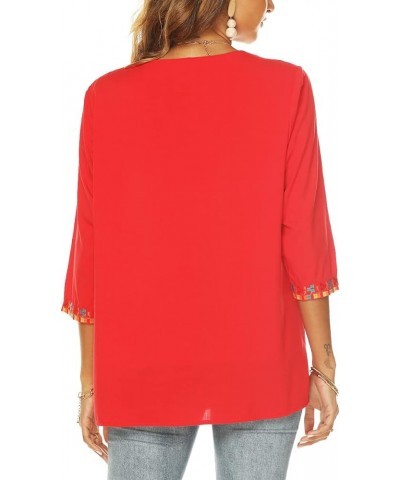 Women's Summer Boho Embroidery Mexican Bohemian Tops V Neck 3/4 Sleeve Causal Loose Shirt Blouse Tunic Red $22.14 Tops