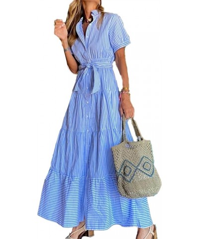 Women Summer Stripes Dresses Lapel Short Sleeve Lace Up Button Down Casual Dress Blue $10.50 Dresses