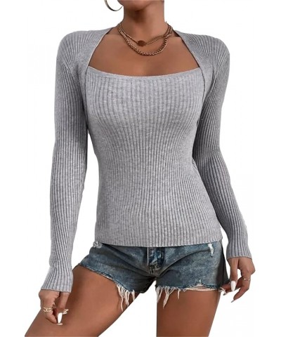 Womens Square Neck Top Ribbed Knitted Long Sleeve Slim Fitted Pullover Tunic Tops 05-grey $10.00 Tops