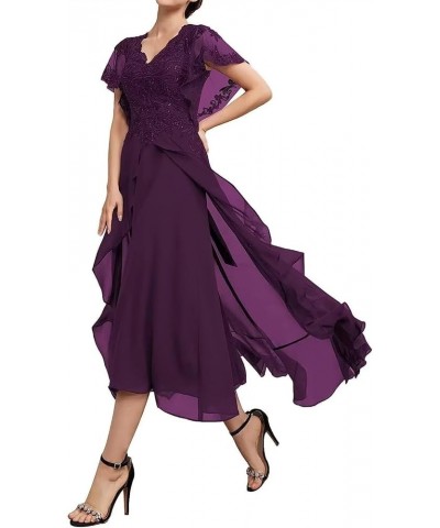 Short Sleeves Mother of The Bride Dresses Tea Length Lace Appliques Chiffon Formal Dress for Wedding Guest Plum $34.10 Dresses