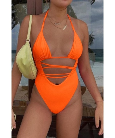 Women's Sexy Triangle High Waisted One Piece Swimsuit Halter Cutout Backless High Cut Leg Monokini Bathing Suit Orange $12.97...