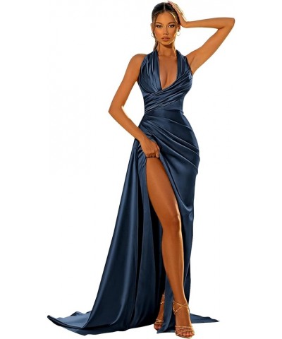 Women's Halter Satin Prom Dresses Mermaid Evening Ball Gowns with Slit Long Formal Party Dress Navy Blue $30.10 Dresses