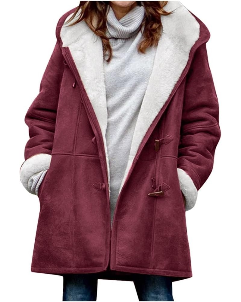 Winter Coats For Women 2023 Trendy Sherpa Lined Fleece Jacket Cute Hoodie Horn Button Down Long Sleeve Warm Outwear A-wine $1...