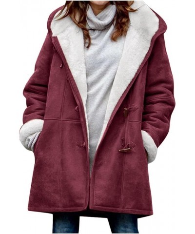 Winter Coats For Women 2023 Trendy Sherpa Lined Fleece Jacket Cute Hoodie Horn Button Down Long Sleeve Warm Outwear A-wine $1...