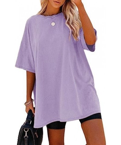 Women's Casual Solid Crewneck Short Sleeve Oversized T Shirt Drop Shoulder Tops L-purple $13.49 Tops