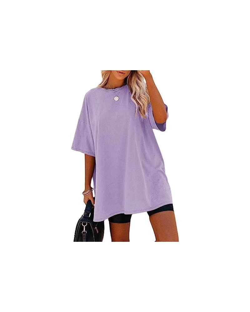 Women's Casual Solid Crewneck Short Sleeve Oversized T Shirt Drop Shoulder Tops L-purple $13.49 Tops