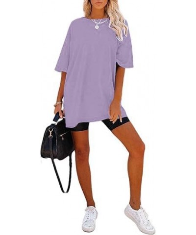 Women's Casual Solid Crewneck Short Sleeve Oversized T Shirt Drop Shoulder Tops L-purple $13.49 Tops