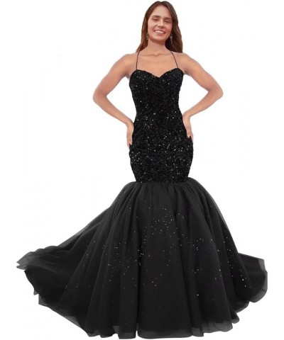 Sparkly Sequin Prom Dresses for Women Long Tulle Halter Ball Gown Sleeveless Mermaid Formal Evening Party Dress Black $31.08 ...