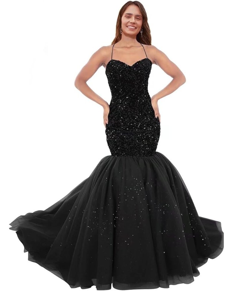 Sparkly Sequin Prom Dresses for Women Long Tulle Halter Ball Gown Sleeveless Mermaid Formal Evening Party Dress Black $31.08 ...