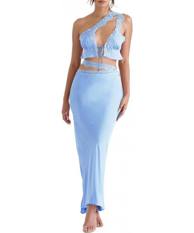 Women 2 Piece Skirt Sets Sexy Cami Top and Long Skirt Set Ruffled Satin Lace Patchwork Two Piece Skirt Outfit Blue-lace Strap...