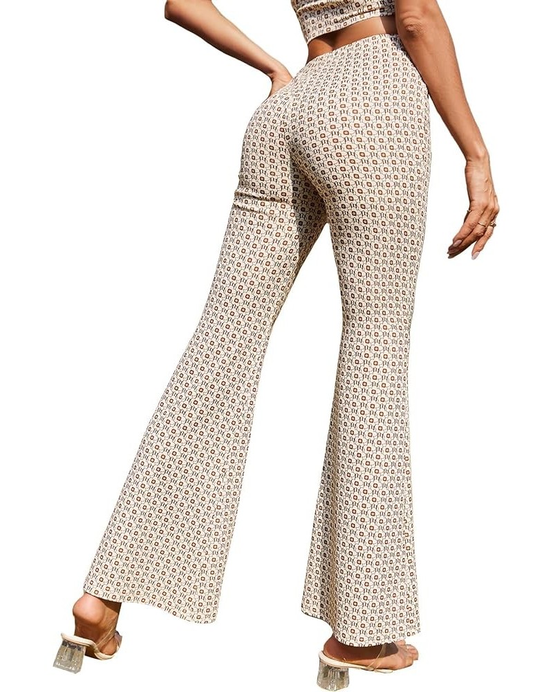 Women's High Waist Allover Print Bell Bottom Flare Leg Pants Beige $16.31 Pants