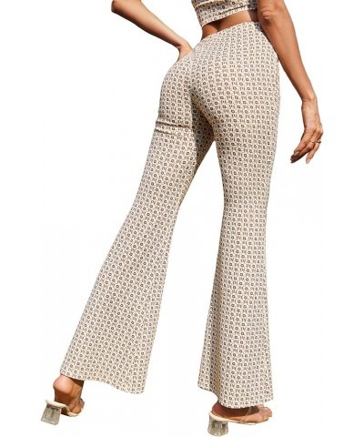 Women's High Waist Allover Print Bell Bottom Flare Leg Pants Beige $16.31 Pants