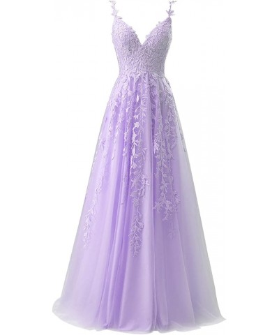 Women's Lace Appliques Tulle Prom Dress A-Line Evening Party Ball Gown Lavender $42.75 Dresses