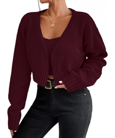 Women's 2 Piece Sweater Set Long Sleeve Cropped Cardigan Sweater Crop Top Set Wine Red $20.00 Sweaters