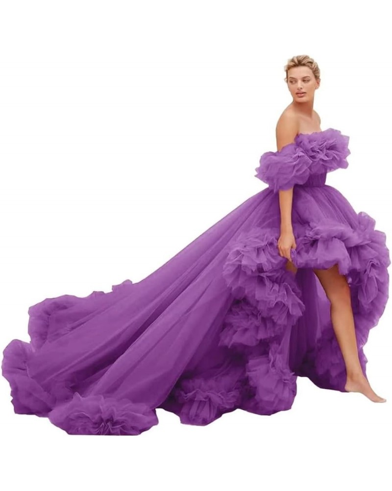 Women's Strapless Tulle Prom Dresses High Low Ball Gowns Ruffles Formal Evening Party Gown with Trailing Purple $47.23 Dresses