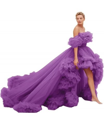 Women's Strapless Tulle Prom Dresses High Low Ball Gowns Ruffles Formal Evening Party Gown with Trailing Purple $47.23 Dresses