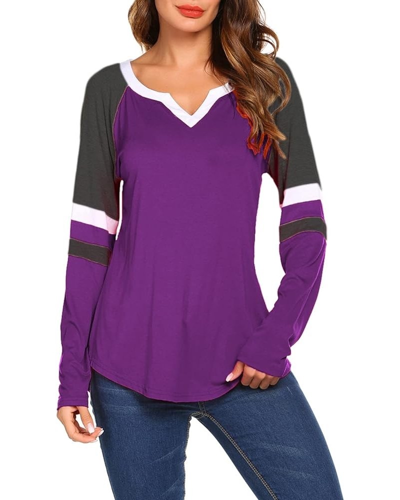 Long Sleeve T Shirts for Women V Neck Loose Fit Cotton Raglan Baseball Tee Shirt Deep Purple $12.74 Tops