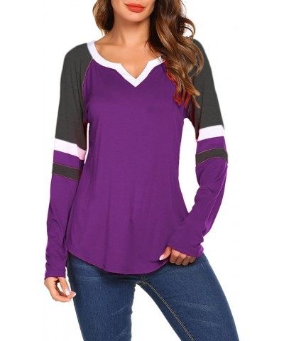 Long Sleeve T Shirts for Women V Neck Loose Fit Cotton Raglan Baseball Tee Shirt Deep Purple $12.74 Tops