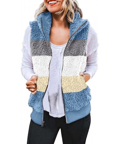 Women's Fleece Vest Hood Sleeveless Outerwear Fuzzy Sherpa Vest Winter Warm Color Block Fluffy Zipper Jacket Vests 2023 Sky B...