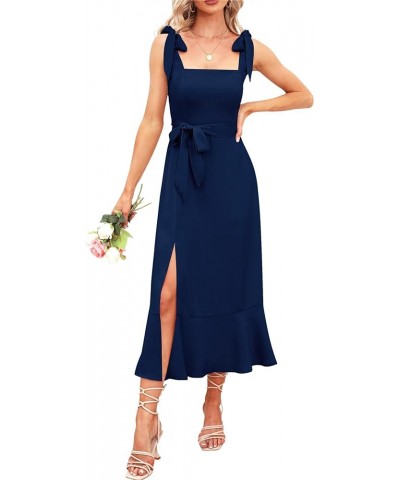 Women's 2024 Elegant Bridesmaid Dress Square Neck Ruffle Split Summer Wedding Guest Cocktail Party Midi Dresses Navy Blue $14...