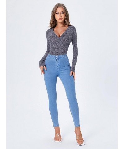 Women's Long Sleeve Bodysuit Tops Wrap V Neck Ribbed Knit Jumpsuit Navy Blue $14.83 Bodysuits