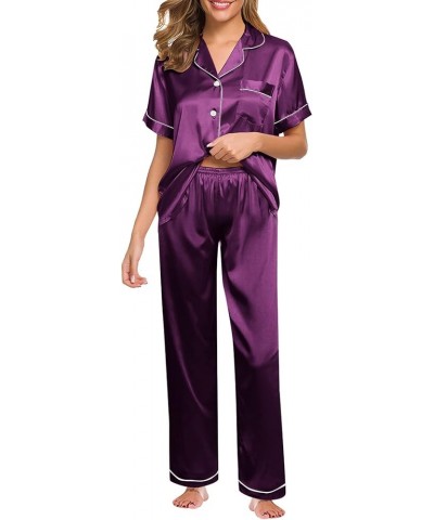 Silk Pajamas for Women Sexy With Robe Womens Pajama Sets Cotton Soft Silk Pajama Shorts And Tank Purple-2 $18.44 Sleep & Lounge