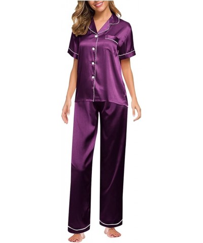 Silk Pajamas for Women Sexy With Robe Womens Pajama Sets Cotton Soft Silk Pajama Shorts And Tank Purple-2 $18.44 Sleep & Lounge