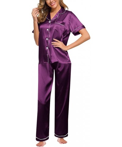 Silk Pajamas for Women Sexy With Robe Womens Pajama Sets Cotton Soft Silk Pajama Shorts And Tank Purple-2 $18.44 Sleep & Lounge