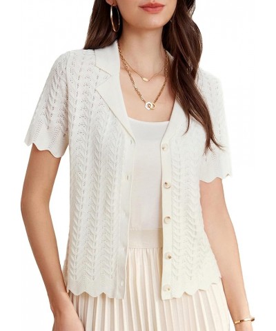 Women's Lightweight Short Sleeve Sweaters Cardigans Lapel Collar Crochet Knit Hollowed Out Cardigans Top White $12.30 Sweaters