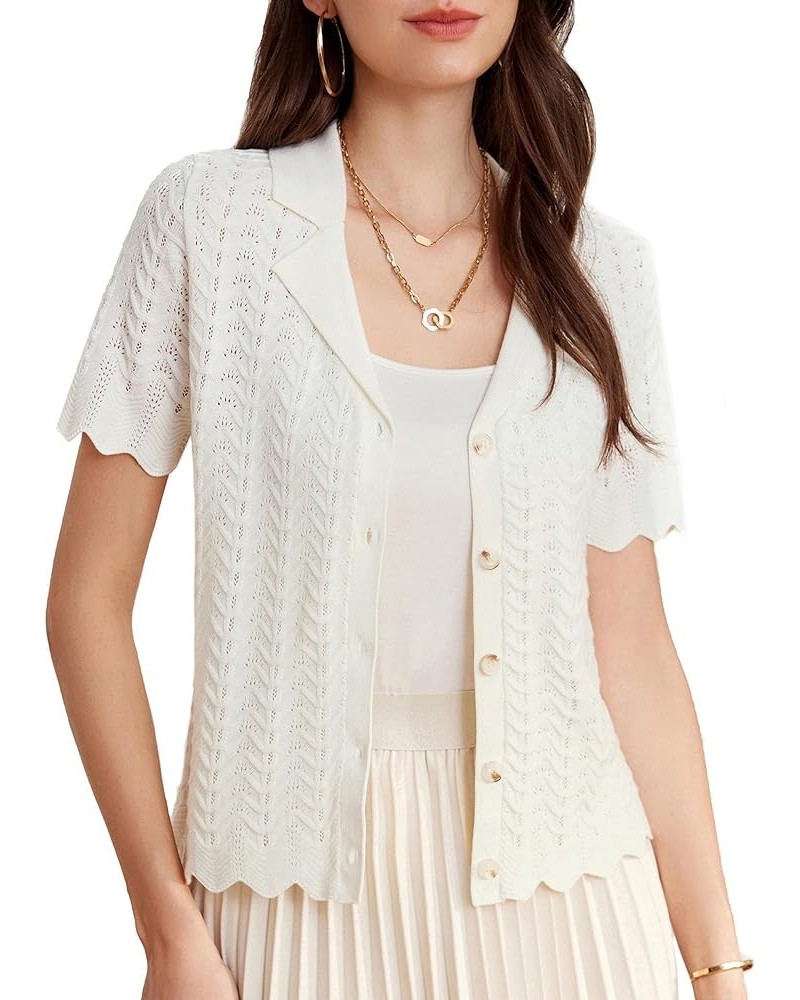 Women's Lightweight Short Sleeve Sweaters Cardigans Lapel Collar Crochet Knit Hollowed Out Cardigans Top White $12.30 Sweaters