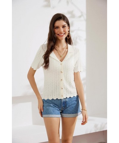 Women's Lightweight Short Sleeve Sweaters Cardigans Lapel Collar Crochet Knit Hollowed Out Cardigans Top White $12.30 Sweaters