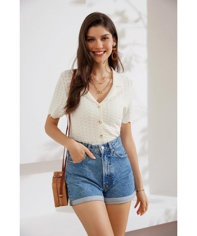 Women's Lightweight Short Sleeve Sweaters Cardigans Lapel Collar Crochet Knit Hollowed Out Cardigans Top White $12.30 Sweaters