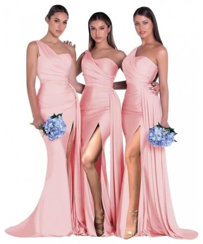 One Shoulder Bridesmaid Dresses Mermaid Satin Prom Dresses Bodycon Long Formal Evening Gowns with Slit Pink $23.32 Dresses