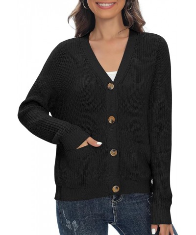 Women's Chunky Knit Open Front V-Neck Long Sleeve Button Casual Cardigan with Pockets Black $11.59 Sweaters