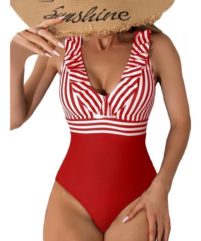 Women's Striped V Neck One Piece Swimsuit Ruffle Trim Sleeveless Bathing Suit Red and White $17.59 Swimsuits