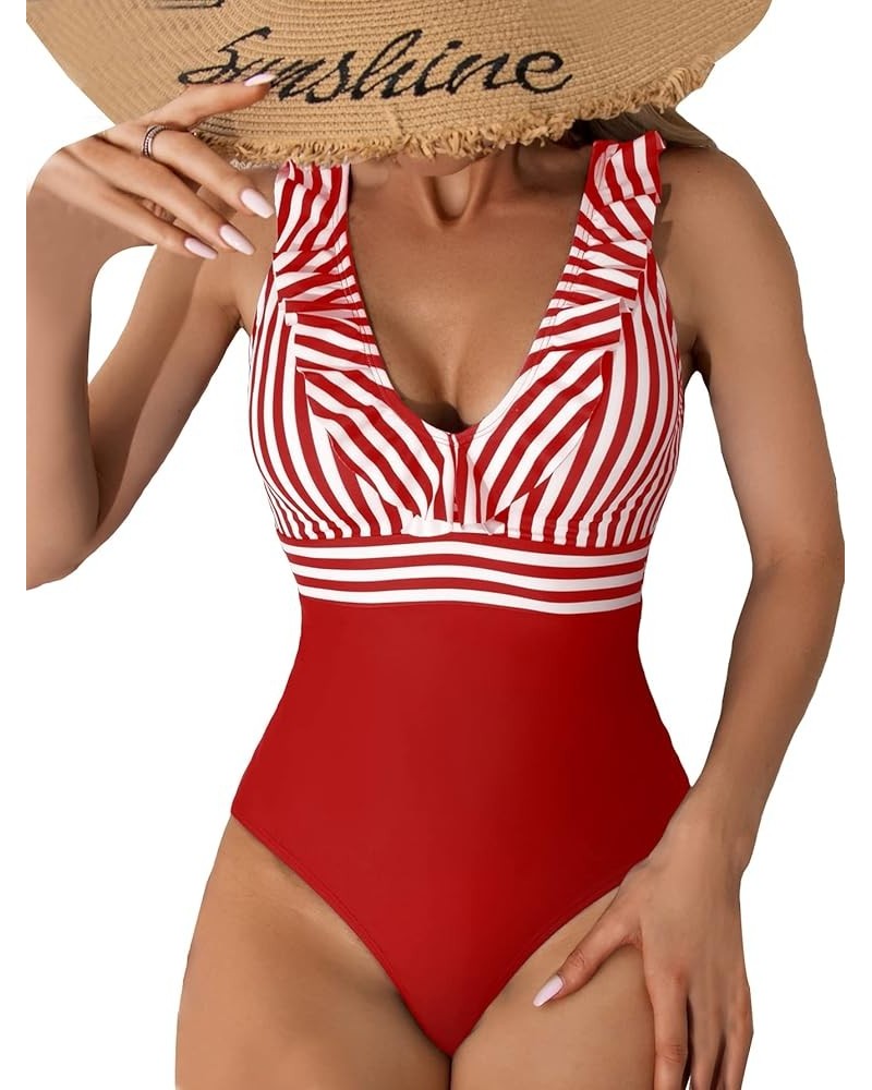 Women's Striped V Neck One Piece Swimsuit Ruffle Trim Sleeveless Bathing Suit Red and White $17.59 Swimsuits