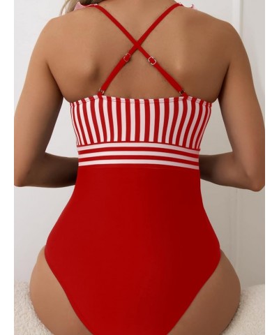 Women's Striped V Neck One Piece Swimsuit Ruffle Trim Sleeveless Bathing Suit Red and White $17.59 Swimsuits