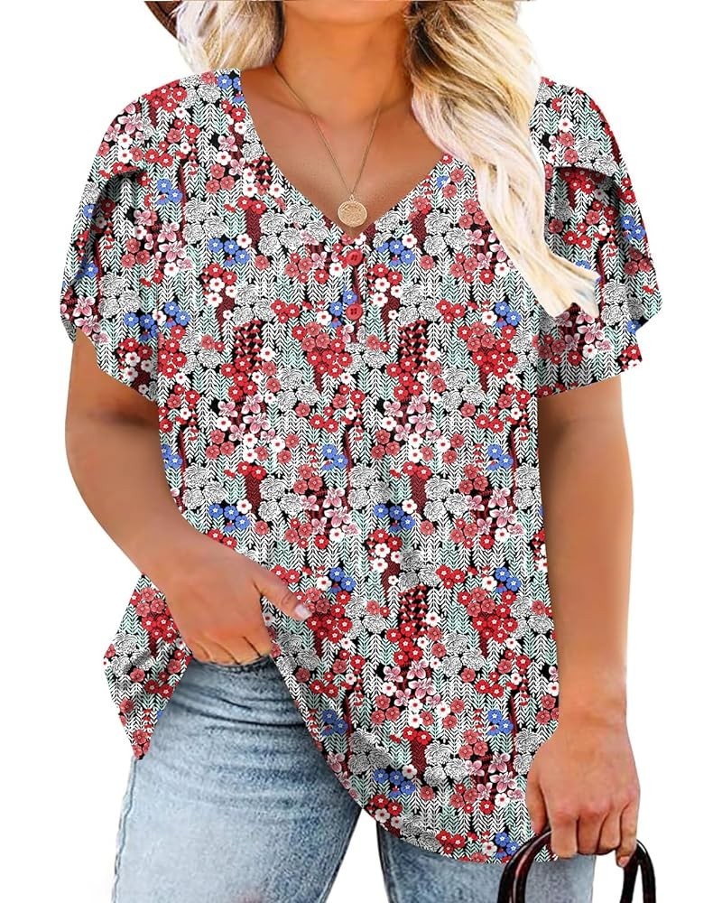 Womens Plus-Size Tops Petal Short Sleeve Shirts Summer Casual V Neck Loose Tee 09_floral_002 $11.99 T-Shirts