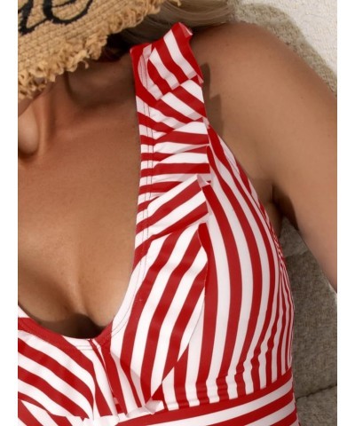 Women's Striped V Neck One Piece Swimsuit Ruffle Trim Sleeveless Bathing Suit Red and White $17.59 Swimsuits