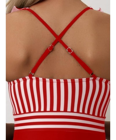 Women's Striped V Neck One Piece Swimsuit Ruffle Trim Sleeveless Bathing Suit Red and White $17.59 Swimsuits