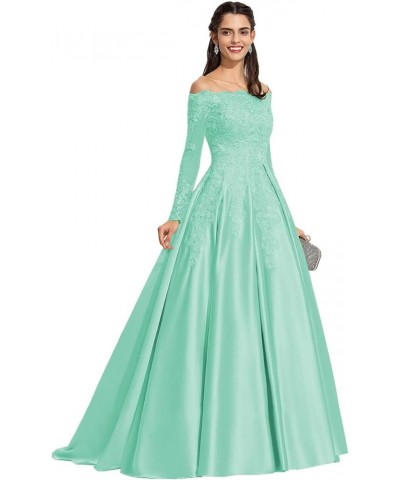 Women's Off The Shoulder Lace Appliuqes Satin Prom Dresses with Long Sleeve Formal Party Gowns MDPM3234 Turquoise $42.55 Dresses