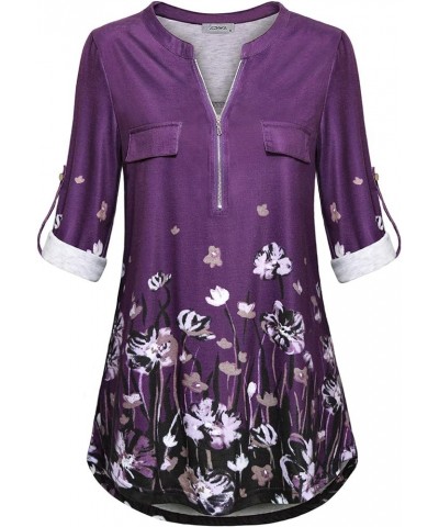 Women's Zip Up V Neck 3/4 Rolled Sleeve Casual Tunic Shirt 7 Purple $14.26 Tops