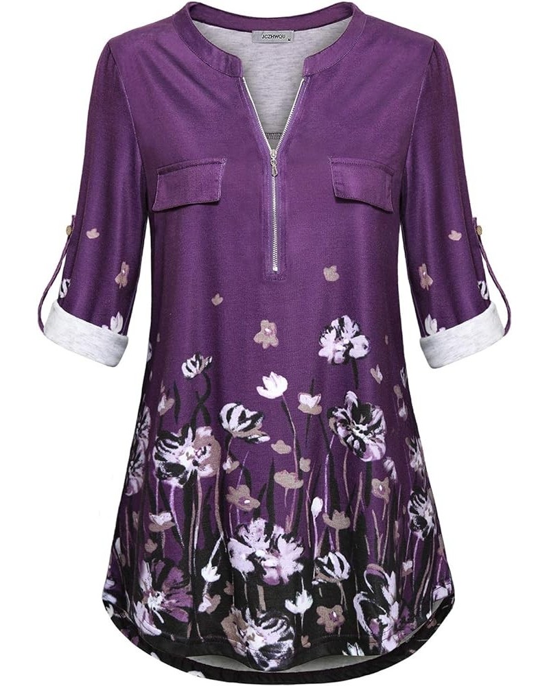 Women's Zip Up V Neck 3/4 Rolled Sleeve Casual Tunic Shirt 7 Purple $14.26 Tops