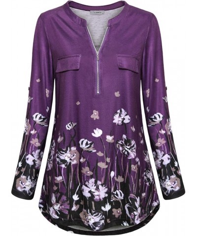 Women's Zip Up V Neck 3/4 Rolled Sleeve Casual Tunic Shirt 7 Purple $14.26 Tops