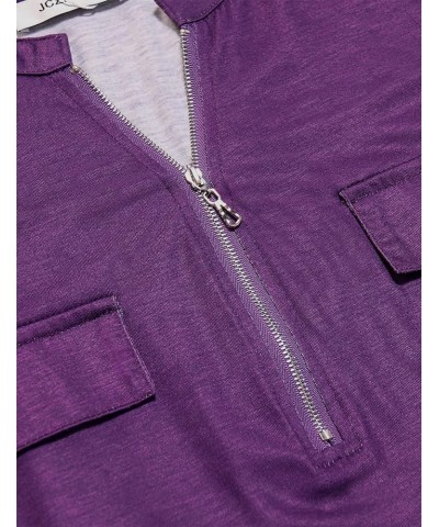 Women's Zip Up V Neck 3/4 Rolled Sleeve Casual Tunic Shirt 7 Purple $14.26 Tops