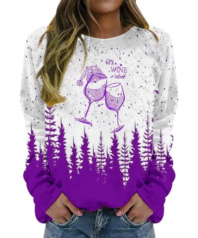 Women's It's Wine O'clock Wine Glass Printed Top Long Sleeved Round Neck Pullover Sweatshirt Sweater Holiday Tops Purple $4.9...