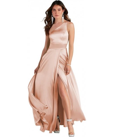 Women's Satin Bridesmaid Dresses Long One Shoulder A Line Formal Dress with Slit Blush $42.62 Dresses