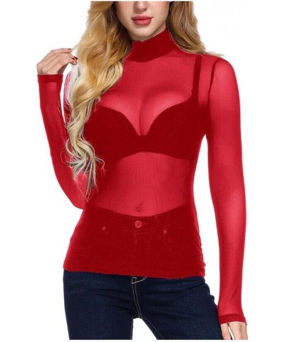 Tops for Women High Neck Arm Shaper Top Sheer Mesh Yoke Casual Blouse Shirt Long Sleeve Undershirt Nightwear Red $6.82 Blouses